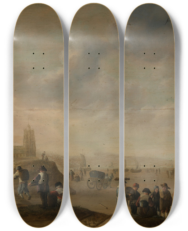 Triptych art skateboard deck of Cornelis Beelt Strandszene Mit Zahlreichen Figuren by Cornelis Beelt (1630-1702)