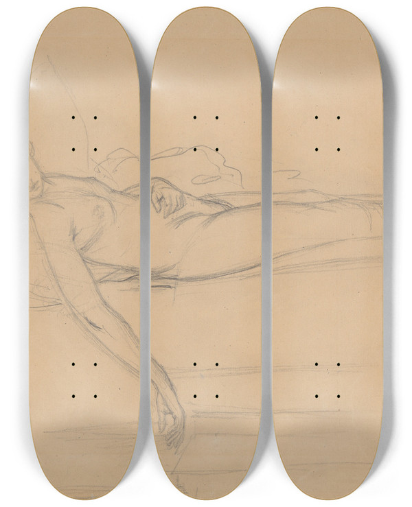 Triptych art skateboard deck of Jzef Simmler Nude Study For The Figure Of Barbara In The Painting Death Of Barbara Radziwi by Jozef Simmler (1823-1868)