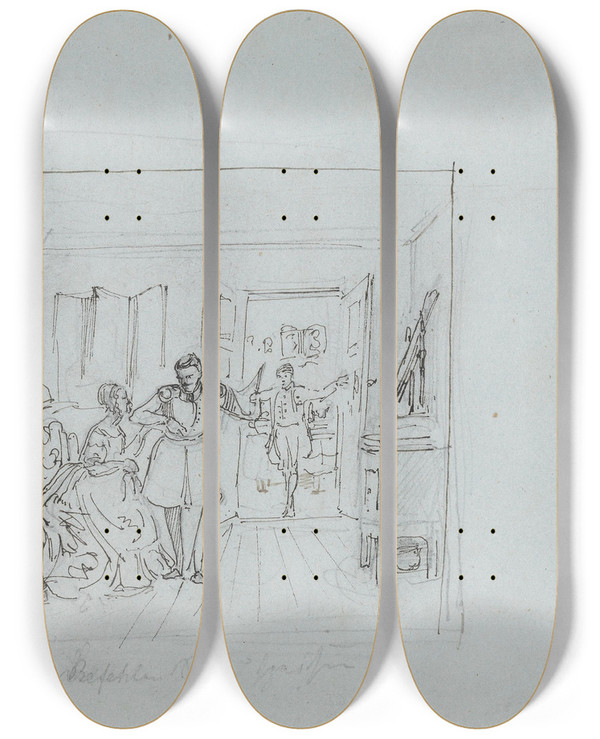Triptych art skateboard deck of Adolph Tidemand Genrescene by Adolph Tidemand (1814-1876)