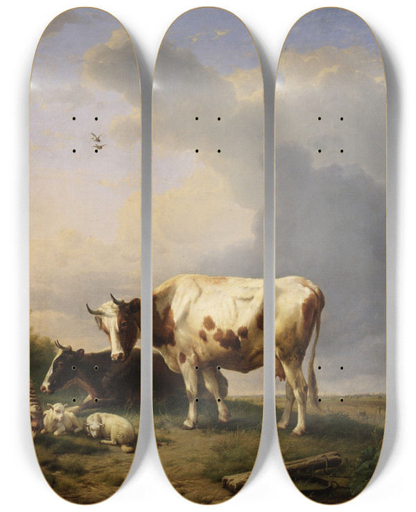 Triptych art skateboard deck of Eugne Joseph Verboeckhoven Landscape With Animals by Eugene Joseph Verboeckhoven (1798-1881)