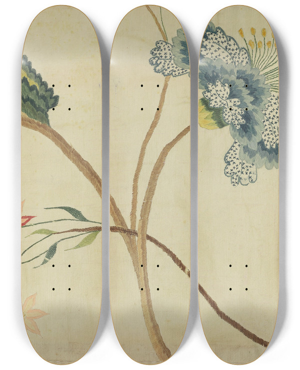 Triptych art skateboard deck of Phyllis Dorr Crewel Embroidery_1 by Phyllis Dorr