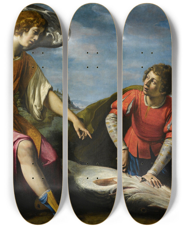 Triptych art skateboard deck of Filippo Tarchiani Tobia E Langelo by Filippo Tarchiani (1576-1645)
