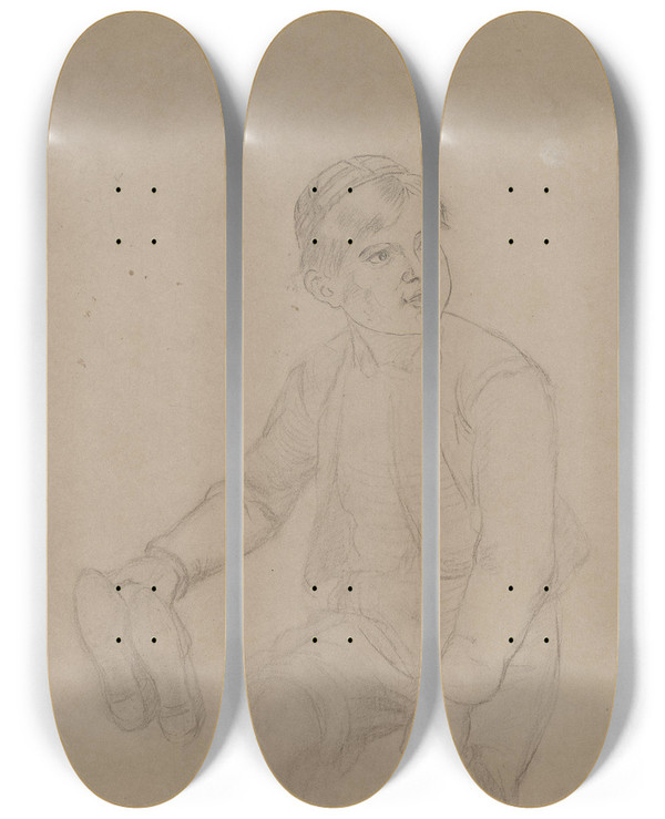 Triptych art skateboard deck of Adolph Tidemand Gutt Med Sko I Hendene by Adolph Tidemand (1814-1876)