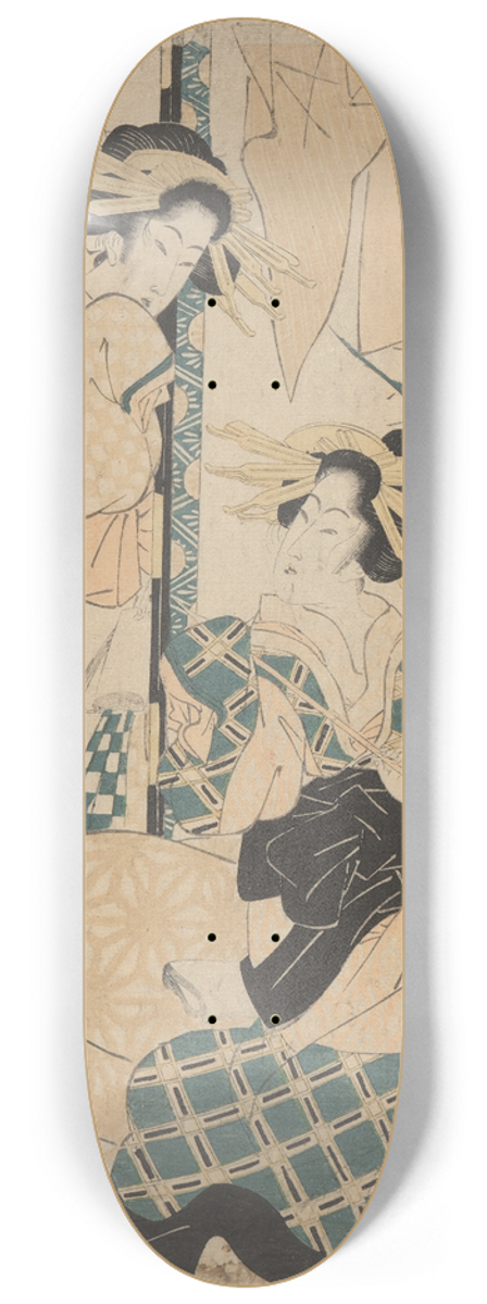 Eizan Kikukawa - Geisha Seated on Cushions (pipe in hand, another woman looking on from door) 8.25 inch art skate deck