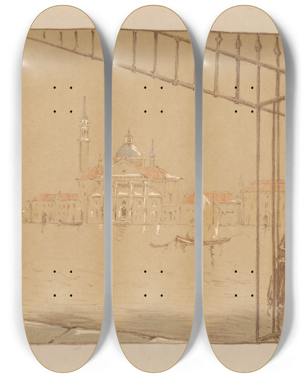 Triptych art skateboard deck of Reinier Willem Petrus De Vries Gezicht Op Veneti Met De Chiesa Di San Giorgio Maggiore by Reinier Willem Petrus De Vries (1874-1952)