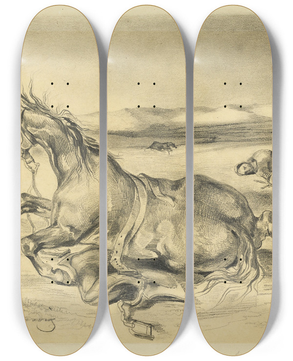 Triptych art skateboard deck of Eugne Delacroix Fallen Horse And Dead Knight by Eugene Delacroix (1798-1863)