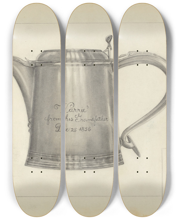 Triptych art skateboard deck of Irene Malawicz Silver Tankard by Irene Malawicz