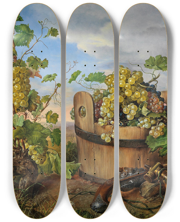 Triptych art skateboard deck of Franz Xaver Petter Stillleben Mit Weintrauben Und Pistole by Franz Xaver Petter (1791-1866)