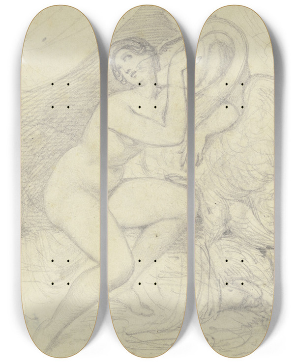 Triptych art skateboard deck of Ferdinand Fellner Leda With The Swan by Ferdinand Fellner (1799-1859)
