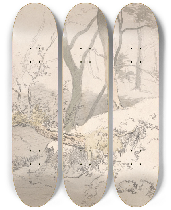 Triptych art skateboard deck of Robert Hills Woodland Shadow by Robert Hills (1769-1844)