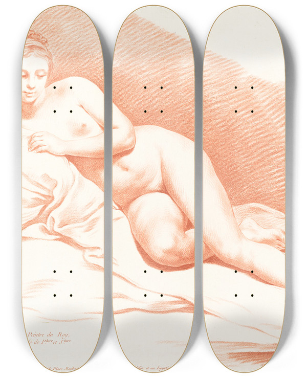 Triptych art skateboard deck of Louismarin Bonnet Reclining Female Nude by Louis Marin Bonnet (1736-1793)