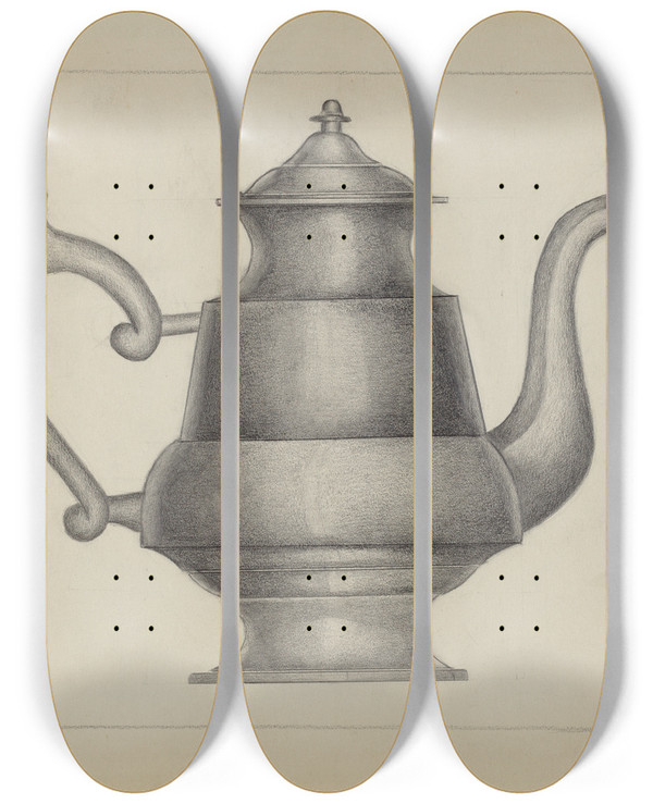 Triptych art skateboard deck of Karl Joubert Pewter Teapot by Karl Joubert