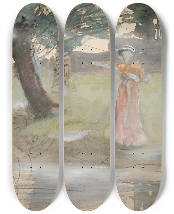 Triptych art skateboard deck of Edwin Austin Abbey Woman Standing By A Riverbank by Edwin Austin Abbey (1852-1911)