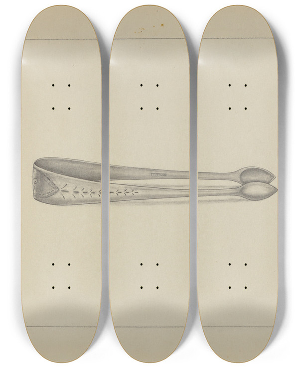 Triptych art skateboard deck of Suzanne Roy Silver Sugar Tongs by Suzanne Roy