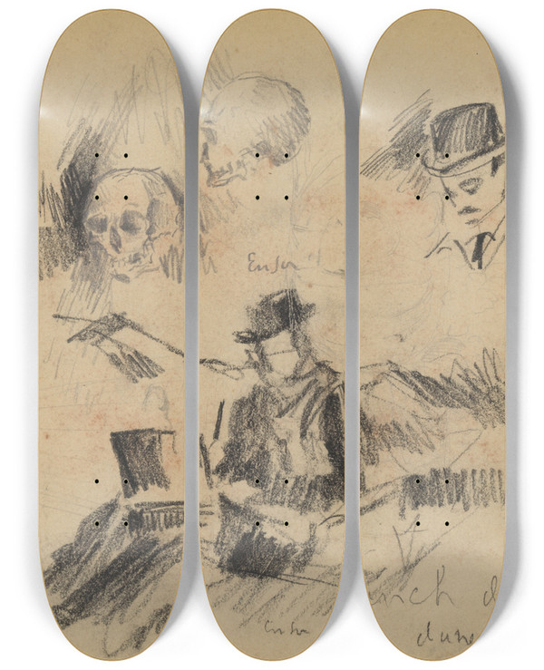 Triptych art skateboard deck of James Ensor Doodshoofden En Willy Finch In De Duinen by James Ensor (1860-1949)