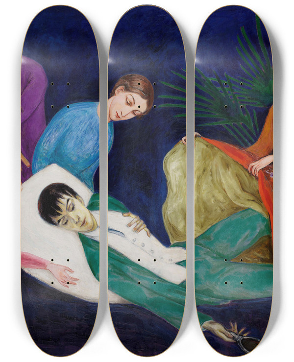 Triptych art skateboard deck of Nils Dardel The Dying Dandy by Nils Dardel (1888-1943)