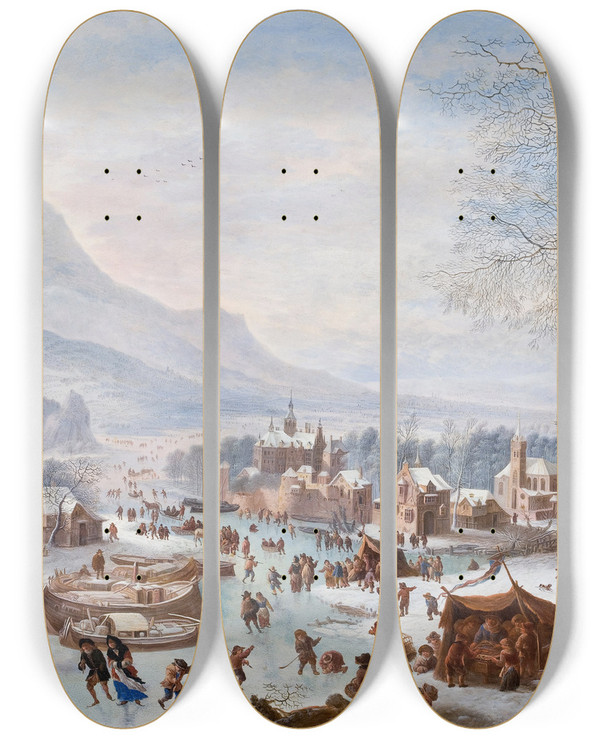 Triptych art skateboard deck of Jan Griffier Winter Scene With Skaters by Jan Griffier (1648-1718)
