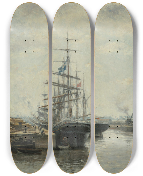 Triptych art skateboard deck of Stanislas Lpine Caen Le Bassin De Saintpierre by Stanislas Lepine (1835-1892)