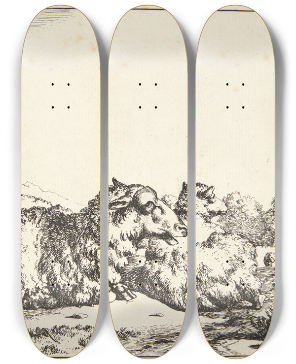 Triptych art skateboard deck of Marcus De Bye To Liggende Fr_2 by Marcus de Bye (1638-1688)