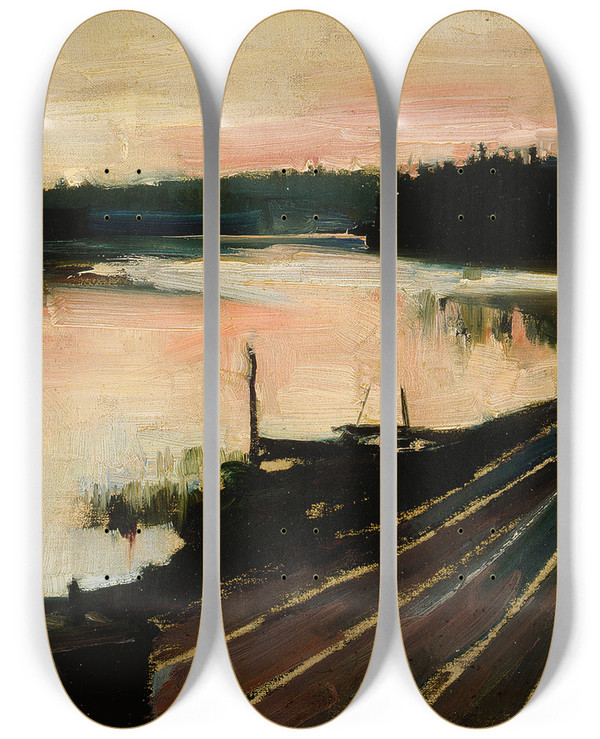 Triptych art skateboard deck of Akseli Gallenkallela View From Elintarha At Sunset by Akseli Gallen Kallela (1865-1931)