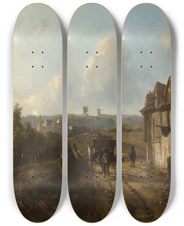 Triptych art skateboard deck of Johan Barthold Jongkind View On Monmartre by Johan Barthold Jongkind (1819-1891)