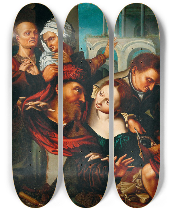 Triptych art skateboard deck of Follower Of Jan Sanders Van Hemessen The Calling Of Saint Matthew_1 by Follower Of Jan Sanders Van Hemessen (1500-1566)