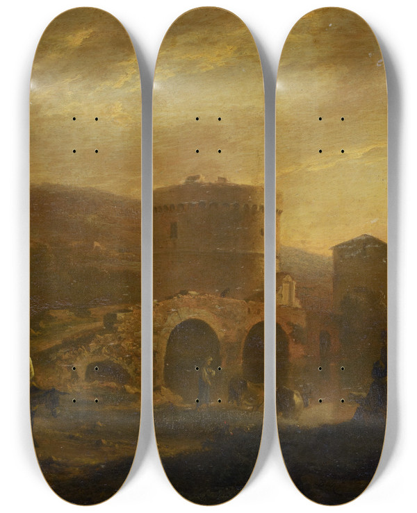 Triptych art skateboard deck of Jan Both Ponte Lucano With The Tomb Of The Plautii by Jan Both (1618-1652)