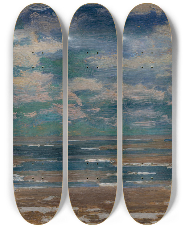 Triptych art skateboard deck of Ferdinand Katona Landscape With Spring Clouds by Ferdinand Katona (1864-1932)