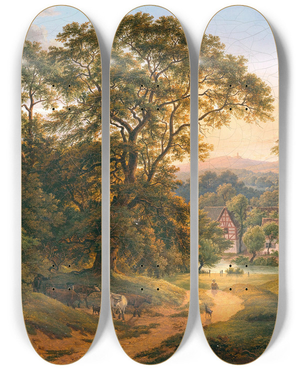 Triptych art skateboard deck of Anton Schiffer Eine Gegend Bei Frankfurt Schiffer by Anton Schiffer (1811-1876)