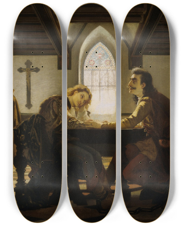 Triptych art skateboard deck of Viktor Madarsz Pter Zrnyi And Kristf Frangepn In Prison At Wiener Neustadt by Viktor Madarasz (1830-1917)