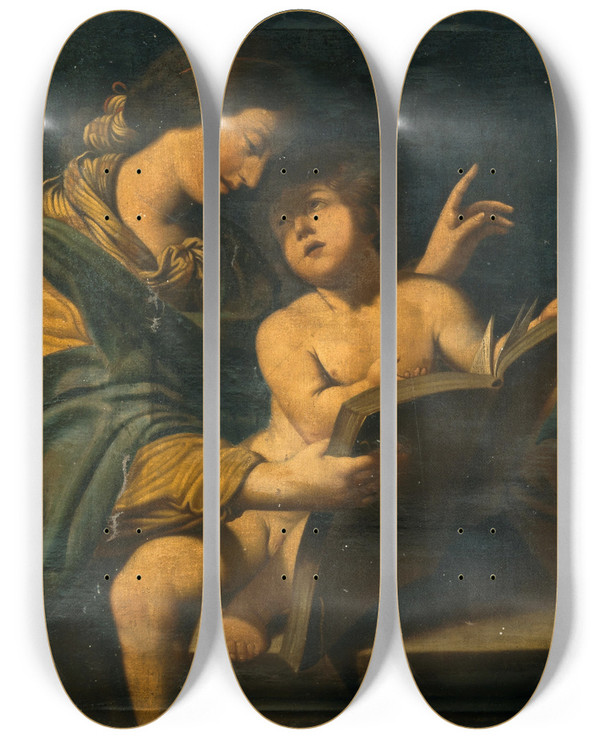 Triptych art skateboard deck of Leonello Spada Holy Family With The Madonna Teaching The Christ Child To Read by Leonello Spada (1576-1622)