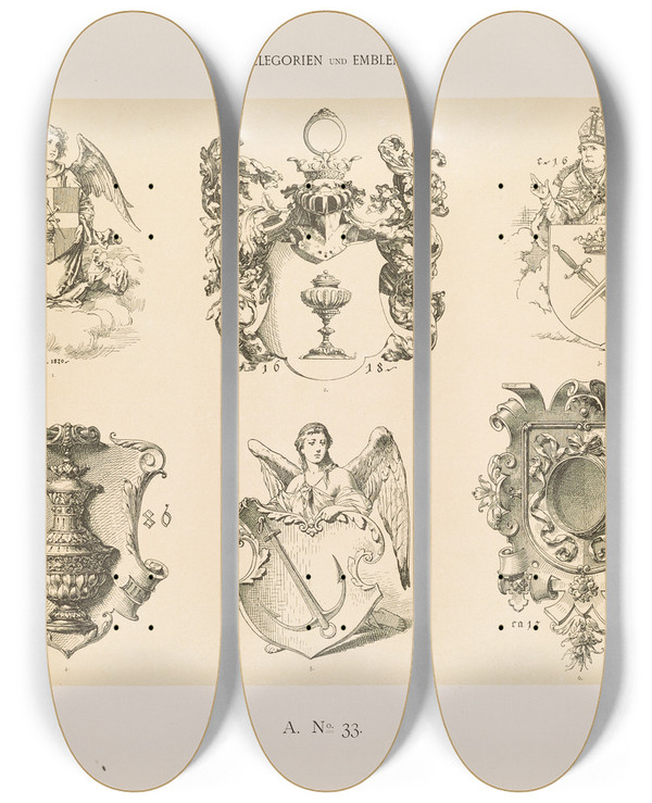 Triptych art skateboard deck of Albert Ilg Allegorien Und Embleme Vol Ii Pl037 by Albert Ilg (1847-1896)