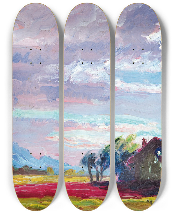 Triptych art skateboard deck of Julius Exter Abendsonne by Julius Exter (1863-1939)