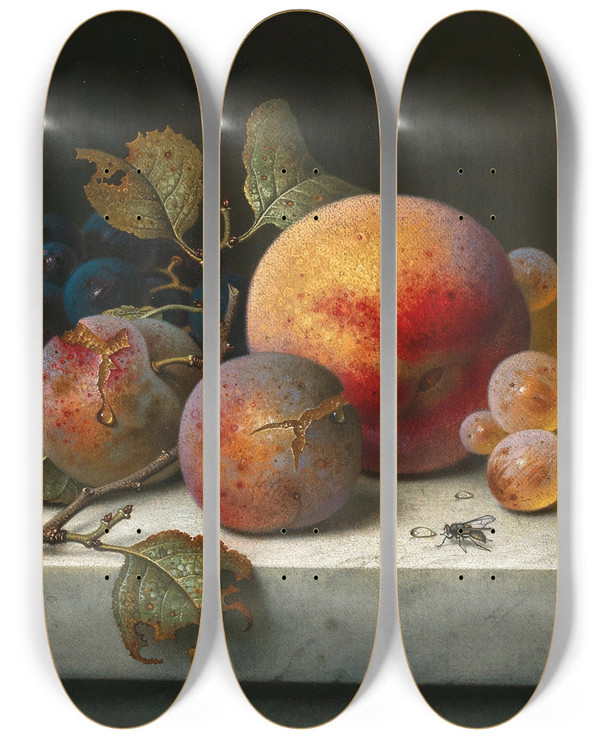 Triptych art skateboard deck of Emilie Preyer Still Life With Peach Plums Grapes And A Fly by Emilie Preyer (1849-1930)