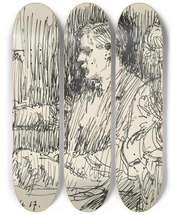 Triptych art skateboard deck of Gustav Schraegle Draughtsman And Lady At The Table by Gustav Schraegle (1867-1925)