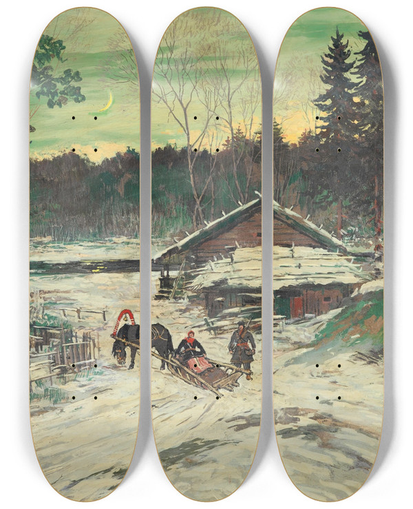 Triptych art skateboard deck of Konstantin Alexeevich Korovin Chasseur Discutant Avec Une Femme Dans Un Traineau by Konstantin Alexeevich Korovin (1861-1939)