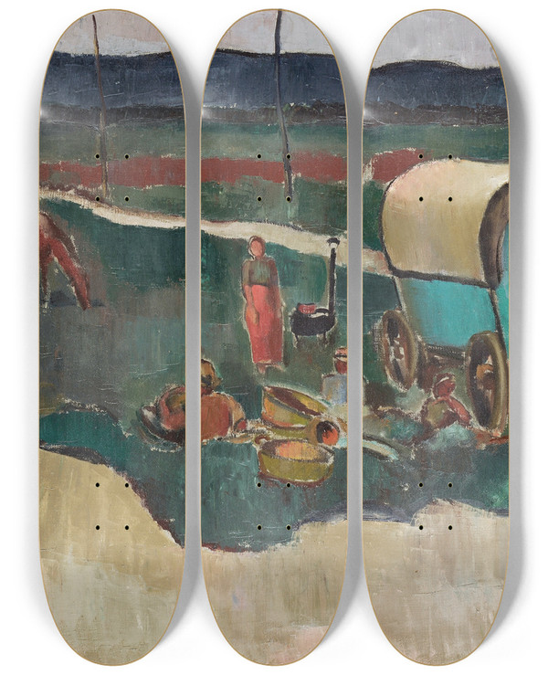 Triptych art skateboard deck of Arnold Fiechter Gypsy Camp In Alsace by Arnold Fiechter (1879-1943)