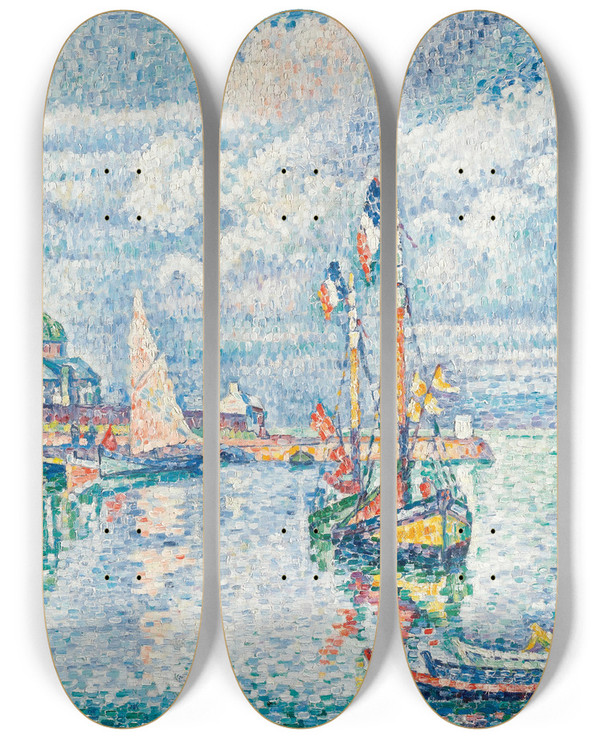 Triptych art skateboard deck of Paul Signac Barfleur_1 by Paul Signac (1863-1935)
