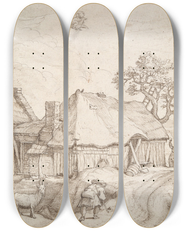 Triptych art skateboard deck of After Abraham Bloemaert Farm Buildings With Peasants A Goat And The Abduction Ofganymede by After Abraham Bloemaert (1564-1651)