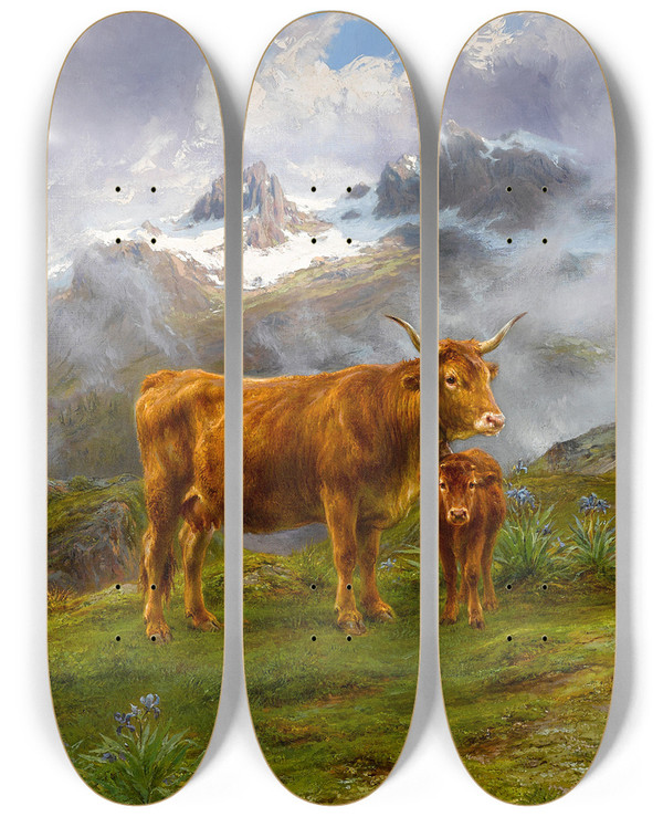 Triptych art skateboard deck of Rosa Bonheur Highland Cattle by Rosa Bonheur (1822-1899)