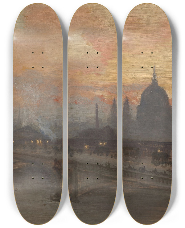 Triptych art skateboard deck of George Hyde Pownall Blackfriars Bridge Early Morning by George Hyde Pownall (1866-1939)