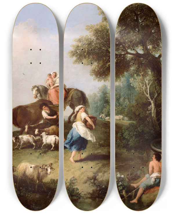 Triptych art skateboard deck of Francesco Zuccarelli Landscape With A Fountain Figures And Animals by Francesco Zuccarelli (1702-1788)