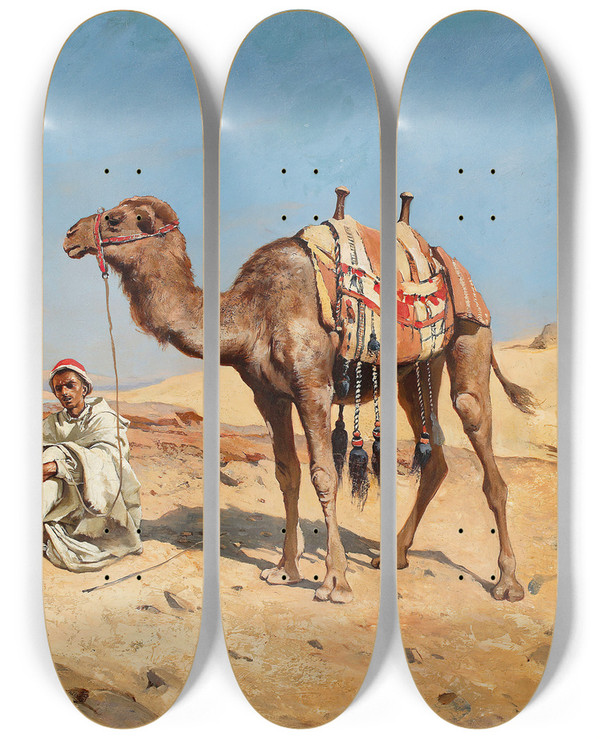 Triptych art skateboard deck of Tadeusz Ajdukiewicz Arab In The Desert by Tadeusz Ajdukiewicz (1852-1916)
