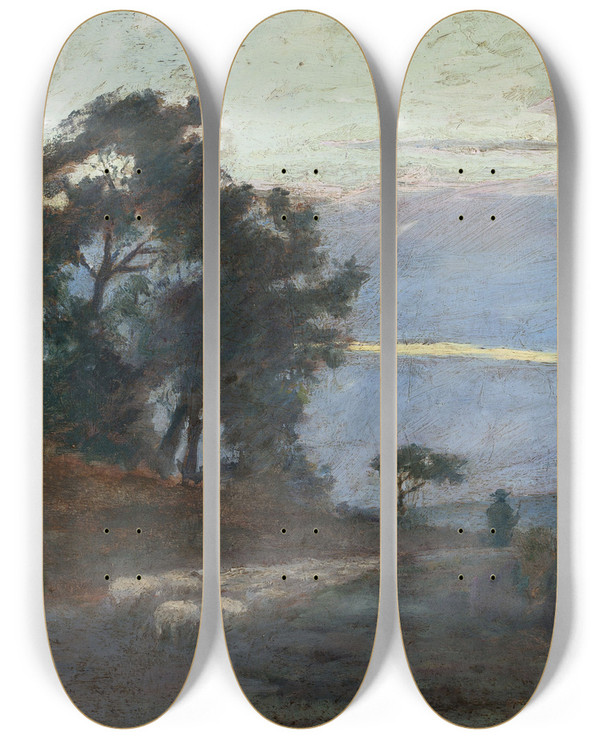 Triptych art skateboard deck of Maksymilian Gierymski Landscape At Sunrise by Maksymilian Gierymski (1846-1874)