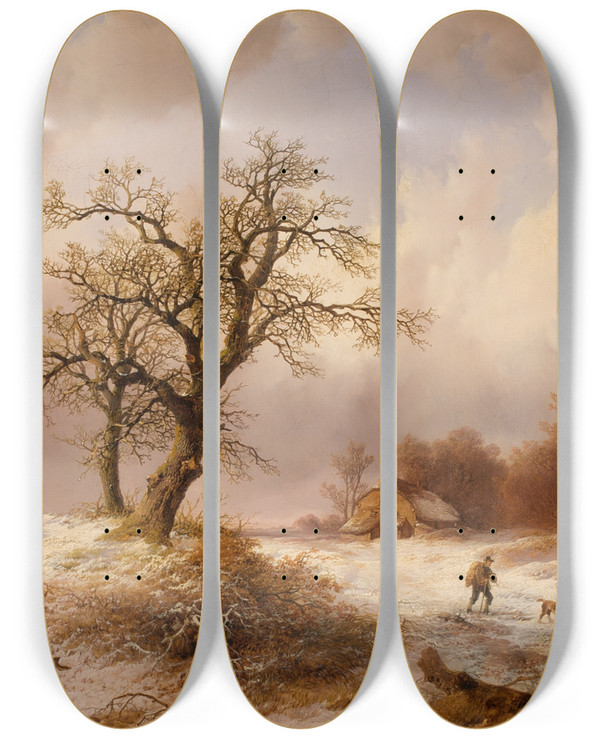 Triptych art skateboard deck of Remigius Adrianus Van Haanen Winterlandschaft_2 by Remigius Adrianus Van Haanen (1812-1894)