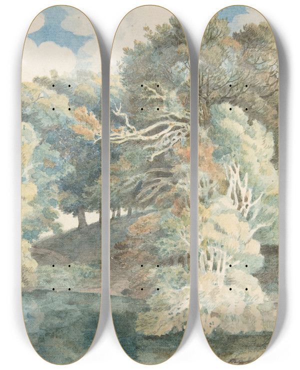 Triptych art skateboard deck of Francis Towne Trees By The Lake Peamore Park Near Exeter Devon by Francis Towne (1739-1816)