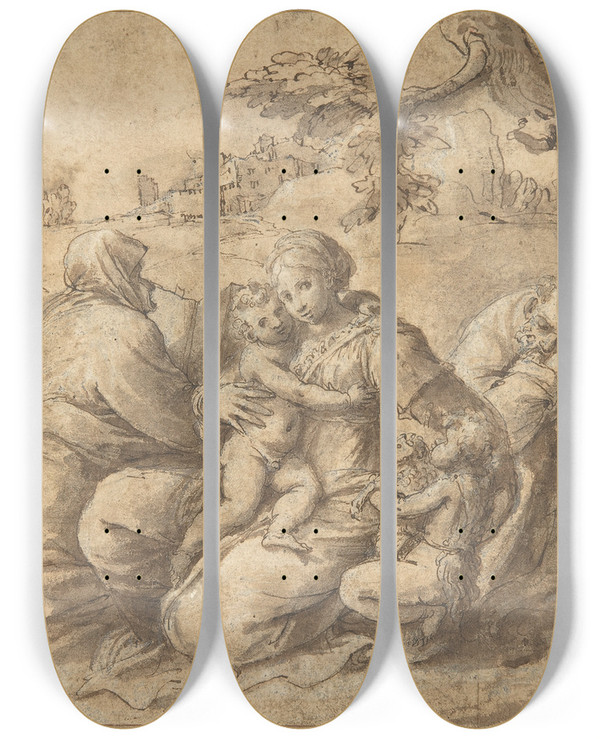 Triptych art skateboard deck of Polidoro Da Caravaggio The Holy Family With Saint Elizabeth And The Infant John The Baptist by Polidoro Da Caravaggio (1500-1536)