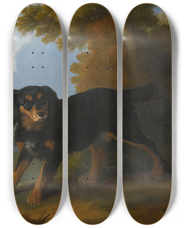 Triptych art skateboard deck of Christophe Huet Portrait Of A King Charles Spaniel In A Landscape by Christophe Huet (1700-1759)