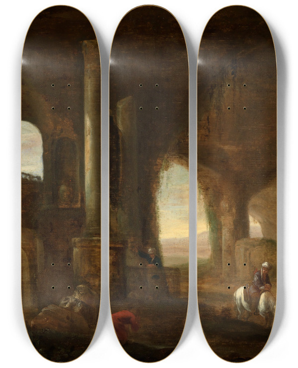 Triptych art skateboard deck of Abraham Van Cuylenborch Inneres Einer Ruine Mit Einer Staffage Von Orientalen by Abraham Van Cuylenborch (1620-1658)