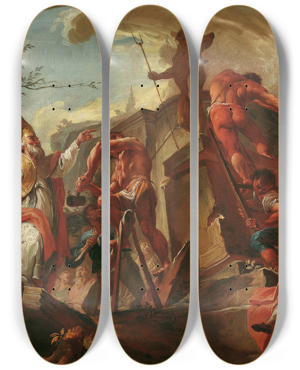 Triptych art skateboard deck of Paul Troger Der Heilige Cassian Von Imola Strzt Die Statue Des Pluto Auf Sben by Paul Troger (1698-1762)